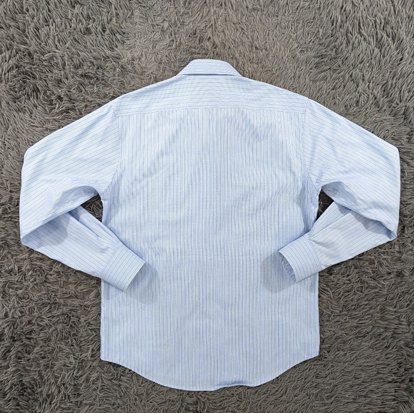 Thomas Pink Shirt Men's 15.5 Blue Green Stripes Button Down Traveller Slim Fit - Picture 3 of 6